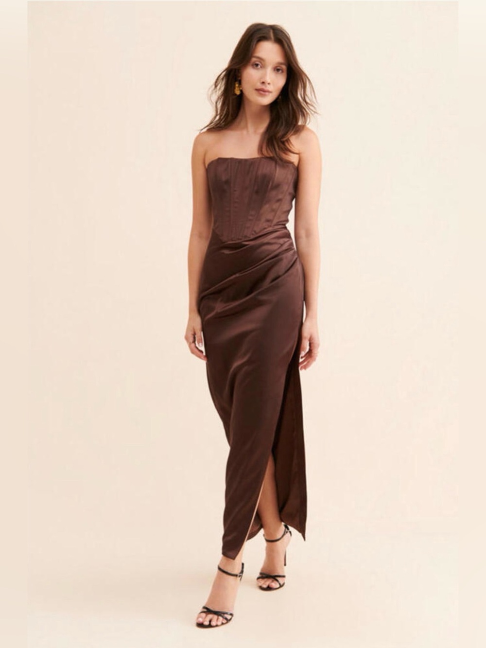 BARDOT Everlasting Strapless Brown Satin Evening Dress - Small/US 4